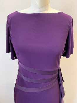 AMERICAN LIVING, Purple, Polyester, Solid, Knit, 3 Bias Satin Lines at Waist, Pullover, Flutter Short Sleeves, Circular Ruffle on Left Side