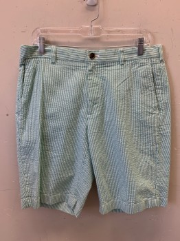 BROOKS BROTHERS, Kelly Green, White, Cotton, Seersucker, Flat Front, 4 Pockets