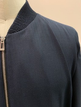 HUGO BOSS, Navy Blue, Wool, Polyester, Solid, Band Collar, Zip Front, 2 Pockets,