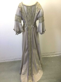 Womens, Dress 1890s-1910s, N/L, Gray, Beige, Slate Gray, Silk, Floral, Solid, W:28, B:34, Beige Net with Floral Embroidery Center Panel/Waistband/Trim, Pleated Gray Chiffon Sleeves, Opaque Gray Silk Skirt/Bottom Half, 3/4 Flared Sleeves, Square Neck, Silver/Gray/Beige Tassles (2) at Bust, Similar Tassles at Center Back Waist,  Cream Sheer Ruffle at Bust, Made To Order Reproduction  **Has Stains Near Hem of Skirt and Underarms,