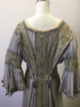 Womens, Dress 1890s-1910s, N/L, Gray, Beige, Slate Gray, Silk, Floral, Solid, W:28, B:34, Beige Net with Floral Embroidery Center Panel/Waistband/Trim, Pleated Gray Chiffon Sleeves, Opaque Gray Silk Skirt/Bottom Half, 3/4 Flared Sleeves, Square Neck, Silver/Gray/Beige Tassles (2) at Bust, Similar Tassles at Center Back Waist,  Cream Sheer Ruffle at Bust, Made To Order Reproduction  **Has Stains Near Hem of Skirt and Underarms,