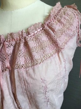 Womens, Camisole 1890s-1910s, Rose Pink, Cotton, B34, Lace Yoke with Ribbon Lacing At Neckline, Sleeveless, Ribbon Lacing At Eyelet Lace Waist. Tuck Pleat Detail At Front & Floral Embroidery