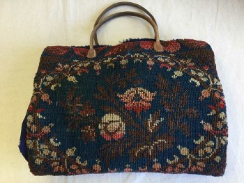 Womens, Purse 1890s-1910s, Navy Blue, Red, Cranberry Red, Brown, Wool, Leather, Floral, Solid, Carpet Weave, Short Leather Handles, Open Top, Solid Navy Sides and Lining,
