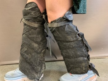 Unisex, Sci-Fi/Fantasy Greaves, Charcoal Gray, Leather, Pair, Aged/Distressed,  Tiered Layers of Leather, D Rings And Leather Straps Close,