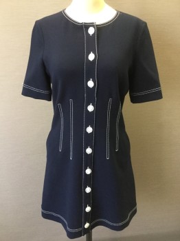 VERONICA BEARD, Navy Blue, White, Polyester, Viscose, Solid, Navy, Navy Lining, White Top Stitches Detail Work, Round Neck,  10 Clear Marble Button Front, Short Sleeves, with 1 Matching Button, 2 Side Pockets, Zip Back,