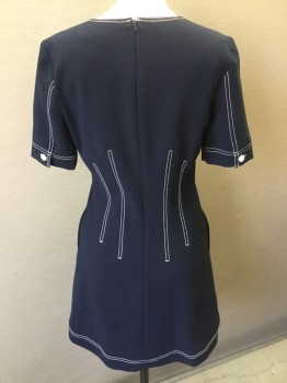 VERONICA BEARD, Navy Blue, White, Polyester, Viscose, Solid, Navy, Navy Lining, White Top Stitches Detail Work, Round Neck,  10 Clear Marble Button Front, Short Sleeves, with 1 Matching Button, 2 Side Pockets, Zip Back,
