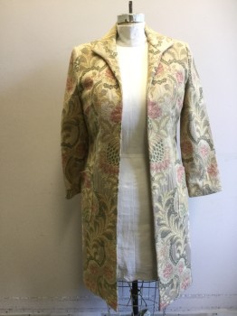 Womens, Coat, TALBOTS, Khaki Brown, Gold, Pink, Olive Green, Cotton, Polyester, Floral, Paisley/Swirls, 12, Gold Flecked Jacquard, Open Front, C.A., L/S, 2 Pckts, Hem at Knee