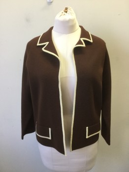 Womens, Jacket, PRIMSTYLE, Chocolate Brown, Cream, Wool, Solid, 16, Dark Brown Wool Jersey Knit with Cream Trim at Notched Lapel, Center Front, and Faux Pocket Flaps. Open Front, Long Sleeves, Hole at Left Shoulder