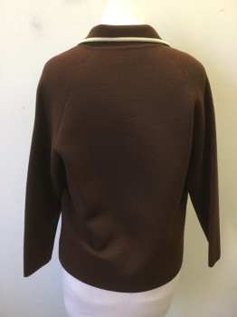 Womens, Jacket, PRIMSTYLE, Chocolate Brown, Cream, Wool, Solid, 16, Dark Brown Wool Jersey Knit with Cream Trim at Notched Lapel, Center Front, and Faux Pocket Flaps. Open Front, Long Sleeves, Hole at Left Shoulder