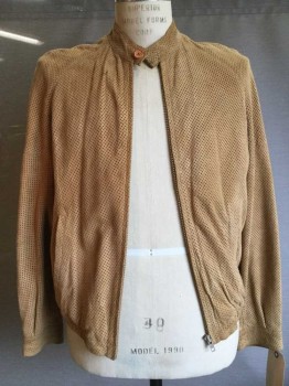Mens, Leather Jacket, L. Alvear, Tan Brown, Suede, Rayon, 40, Perforated, Zip Front, 2 Pockets, Elastic Waist