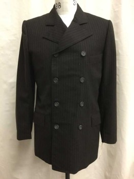 Mens, Jacket 1890s-1910s, NO LABEL, Brown, Wool, Stripes - Vertical , 40, Double Breasted, 3 Pockets, Brown with Vertical Contrast Brown Stripes, Good Condition,