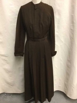 Womens, Dress 1890s-1910s, NO LABEL, Brown, Wool, Solid, 27, 34, Long Sleeves, Pleats At Chest, Rounded Hem Cuffs, Hook and Eye Closure, Holes In Fabric,