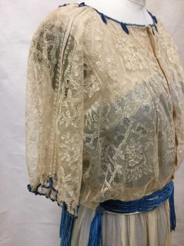 Womens, Dress 1890s-1910s, LADY DUFF GORDON INC, Beige, Cornflower Blue, Cotton, Silk, Floral, W24, B32, Light Beige Chantilly Lace, Short Sleeve Edged with Cornflower Blue Silk Chenille Yarn, Ribbon, Open Center Front with Snaps and Hooks and Eyes, Waist Detail with Blue Chenille Drapes Finishing In Tassels, Round Neckline Edged with Chenille Yarn In Loops, Skirt Double Layer Of Chantilly Lace, Lined with Light Beige Silk Chiffon, Has Blue Slip with It, A Couple Mended Spots In The Lace,
