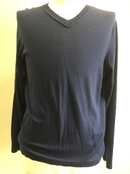 DKNY, Navy Blue, Wool, Solid, V-neck, Long Sleeves,