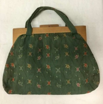 Womens, Purse 1890s-1910s, N/L, Moss Green, Coral Orange, Pink, Gray, Cotton, Wood, Floral, Moss Background with Diagonal Self Stripes and Floral Pattern Woven In, Square Wooden Closure, Self Fabric Handles,