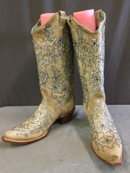 Womens, Cowboy Boots, CORRAL, Silver, Tan Brown, Leather, Glitter, Mottled, Floral, 9, Whitewashed Tan, Pointy Toes, 2" Stack Heel, Glitter Applique, with Rhinestons
