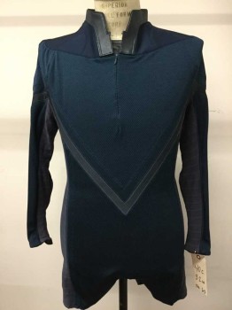 Mens, Jumpsuit, MTO, Teal Blue, Gray, Navy Blue, Polyester, Spandex, Color Blocking, 32W, 36C, L/S, Yoke, Mock Turtle Neck,  1/4 Zip Front, Shorts, Double,
