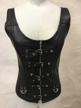 Womens, Leather Vest, MTO, Black, Leather, Medium, Bodice Tank, Silver Grommets/Hardware, Adjustable Buckle Straps, Lace Up Back, Zip Front, Scoop Neck, Front Center Buckles