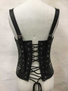 Womens, Leather Vest, MTO, Black, Leather, Medium, Bodice Tank, Silver Grommets/Hardware, Adjustable Buckle Straps, Lace Up Back, Zip Front, Scoop Neck, Front Center Buckles