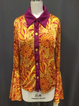 CALIFORNIA COSTUMES, Tan Brown, Fuchsia Pink, Orange, Yellow, Polyester, Floral, Paisley/Swirls, Fuchsia Collar Attached & Front Center Trim, Gold Button Front, Long Sleeves with Bias-cut Flair Ruffle Cuffs