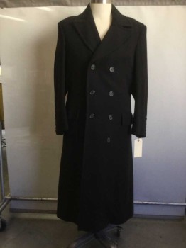 Mens, Coat 1890s-1910s, MTO, Black, Wool, Solid, 44, Slight Peaked Lapel, Double Breasted, 7 Buttons (MISSING 8TH), 2 Pockets,