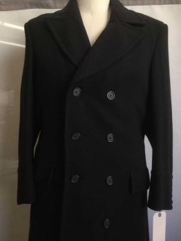 Mens, Coat 1890s-1910s, MTO, Black, Wool, Solid, 44, Slight Peaked Lapel, Double Breasted, 7 Buttons (MISSING 8TH), 2 Pockets,