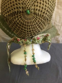 Womens, Hat, CAMEO HATS, Sage Green, Beige, Cream, Pink, Straw, Silk, Solid, Floral, Cloche, Sage Straw with Beige Crochet on Crown, Green Beads Scattered Throughout, Cream with Green/Pink Floral Silk Ribbon Bow in Back with Dangling Floral Tassles with Green Beads, **Hole in Seam of Straw, Lining Inside is Very Shredded