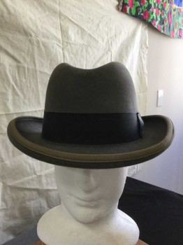 Mens, Homburg, SCALA, Gray, Black, Wool, Solid, 7 3/8, Black Grosgrain Ribbon Hat Band,