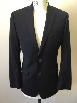 CALVIN KLEIN, Navy Blue, Wool, Solid, Single Breasted, Collar Attached, Notched Lapel, 3 Pockets, 2 Buttons