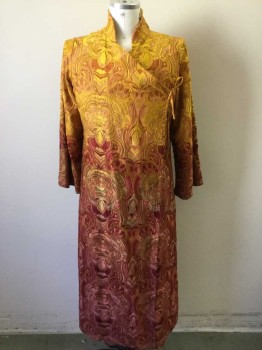 MTO, Yellow, Red, Orange, Silk, Floral, Made To Order, Silk with Large Scale Floral Embroidery, Wrap with Ties, Long Sleeves, Stand Collar, Open Side Seams In Skirt, Ombre Dyed, Ethnic, Fantasy