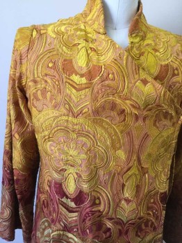 MTO, Yellow, Red, Orange, Silk, Floral, Made To Order, Silk with Large Scale Floral Embroidery, Wrap with Ties, Long Sleeves, Stand Collar, Open Side Seams In Skirt, Ombre Dyed, Ethnic, Fantasy