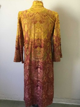 Unisex, Sci-Fi/Fantasy Robe, MTO, Yellow, Red, Orange, Silk, Floral, C40, Made To Order, Silk with Large Scale Floral Embroidery, Wrap with Ties, Long Sleeves, Stand Collar, Open Side Seams In Skirt, Ombre Dyed, Ethnic, Fantasy