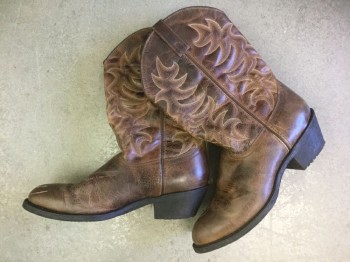 Mens, Cowboy Boots , LAREDO, Brown, Lt Brown, Leather, Synthetic, 10, Brown Leather with Brown and Light Brown Western Embroidery, 1.5" Cuban Heel, Synthetic Lining