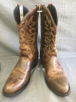 Mens, Cowboy Boots , LAREDO, Brown, Lt Brown, Leather, Synthetic, 10, Brown Leather with Brown and Light Brown Western Embroidery, 1.5" Cuban Heel, Synthetic Lining