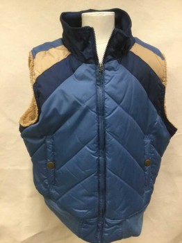 Childrens, Vest, 1 STEP UP, French Blue, Navy Blue, Lt Brown, Nylon, Chevron, B 34, Navy Collar Attached, Fake Lt Brown Sheep Lining, Zip Front, 2 Vertical Pockets W/brass Button