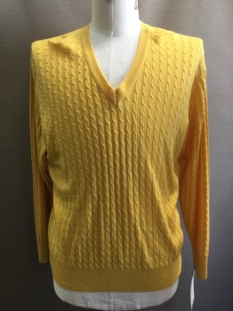 N/L, Yellow, Cotton, Solid, Cable Knit, V-neck, Long Sleeves,