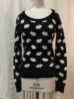 BOUTIQUE XXI, Black, White, Synthetic, Novelty Pattern, Black, White Bunny Print, Scoop Neck, Long Sleeves,