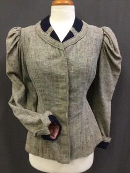 Womens, Jacket 1890s-1910s, N/L, Gray, Cream, Multi-color, Navy Blue, Wool, Tweed, 24W, 34B, 24H, Single Breasted, Hidden Button Placket Little Frayed, Stitched Down Shawl Lapel with Quilted Contrast Inserts, Folded Up Cuffs with Contrast Fabric,