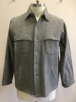 WOOLRICH, Charcoal Gray, White, Wool, Nylon, Stripes - Diagonal , Warm Jacket, Button Front, Collar Attached, Long Sleeves, 4 Pockets, Button Cuffs, Flap Yoke Front Over Pocket, Back Flap Yoke
