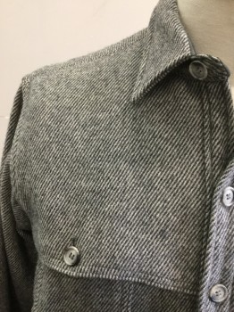 WOOLRICH, Charcoal Gray, White, Wool, Nylon, Stripes - Diagonal , Warm Jacket, Button Front, Collar Attached, Long Sleeves, 4 Pockets, Button Cuffs, Flap Yoke Front Over Pocket, Back Flap Yoke