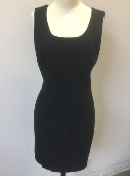 SUSANNA MOYER, Black, Dk Gray, Viscose, Polyester, Stripes - Pin, Black with Dark Gray Dashed Pinstripes, Rounded Square Neck, Sleeveless, Princess Seams, Hem Above Knee, Late 1990's/Early 2000's