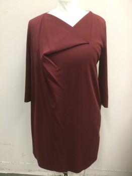 COS, Maroon Red, Polyester, Rayon, Solid, Pullover, Asymmetrical Neckline and Drape, Pockets, Raw Edge Hem
