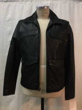 NO LABEL, Black, Leather, Solid, Black Leather, Zip Front, Collar Attached, 4 Pockets,