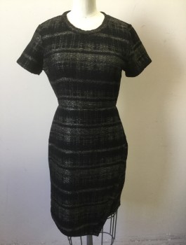 AQUA, Black, Silver, Polyester, Speckled, Stripes - Horizontal , Faint Irridescent Shadow Stripes, Crinkled Texture Fabric, Short Sleeves, Crew Neck, Form Fitting, Hem Above Knee, Wrap Detail at Hip, Invisible Zipper at Center Back
