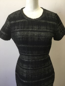 AQUA, Black, Silver, Polyester, Speckled, Stripes - Horizontal , Faint Irridescent Shadow Stripes, Crinkled Texture Fabric, Short Sleeves, Crew Neck, Form Fitting, Hem Above Knee, Wrap Detail at Hip, Invisible Zipper at Center Back