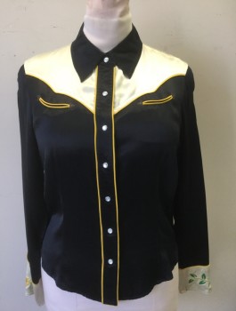 MARC JACOBS, Black, Beige, Yellow, Silk, Solid, Satin, Black Body, Beige Western Yoke at Shoulders, Long Sleeves, Snap Front, Collar Attached, Yellow Piping Trim, 2 Western Style Welt Pockets, Green Leaves/Yellow Flowers Embroidery at Cuffs, High End/Designer Item