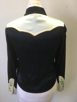 MARC JACOBS, Black, Beige, Yellow, Silk, Solid, Satin, Black Body, Beige Western Yoke at Shoulders, Long Sleeves, Snap Front, Collar Attached, Yellow Piping Trim, 2 Western Style Welt Pockets, Green Leaves/Yellow Flowers Embroidery at Cuffs, High End/Designer Item
