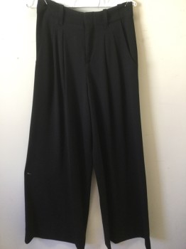 ALICE & OLIVIA, Black, Polyester, Solid, Pleated Front, Two Inch Waist Band with Loops, Very Wide Leg, Slit Pockets