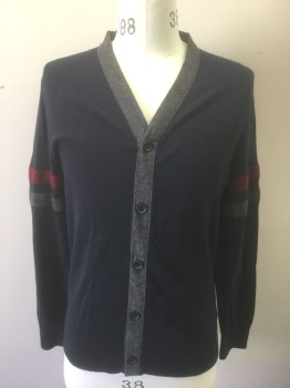 BANANA REPUBLIC, Navy Blue, Gray, Maroon Red, Cotton, Modal, Solid, Stripes, Dark Navy Solid Knit with 1" Wide Gray Edging at V-neck and Button Placket, Gray and Maroon 1" Stripes on Each Sleeve, 5 Buttons