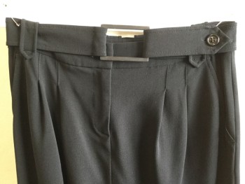 PIAZZA SEMPIONE, Black, Wool, Spandex, Solid, 1.5" Waistband with Belt Hoops, 2 Pleat Front & Zip Front, Detached Self Black Belt with Large Black Rectangle Buckle Front Center & 1 Button, 4 Pockets, Split Back Bottom Hem